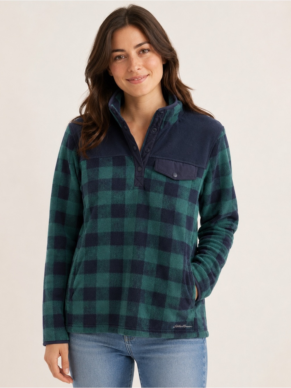 Eddie Bauer Women’s Buffalo Plaid Fleece Snap Pullover Green Navy Size M